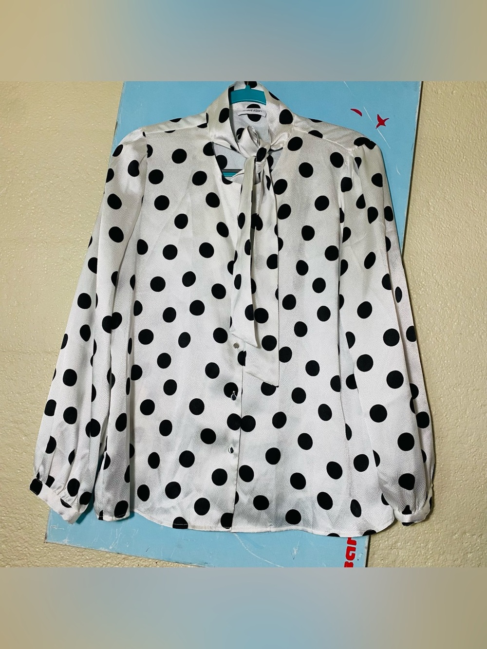 Calvin Klein Black-and-White Polka Dot Tie-Neck Blouse